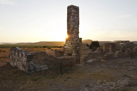 A little "star burst" effect as the setting sun slides past a chimney in the Fort Lancaster soldiers' quarters.