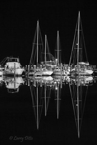 Pleasure boats moored in Fulton Harbor on calm waters.