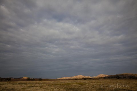 Sunlight on the Wichita Mountains on a stormy autumn morning.