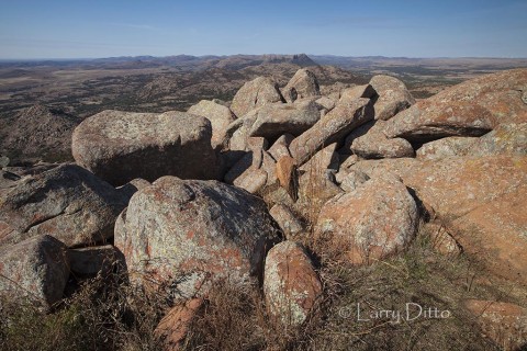 A view from Mt. Scott westward across the granite Wichita Mountains.