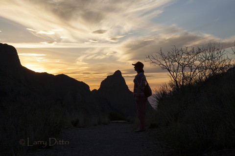 Tourist watching the sun set through "the window" in the Chisos Mts. in Big Bend National Park