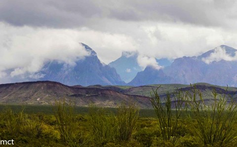 Fog and rain hanging on the Chisos Mountains next door to the Christmas Mountains.