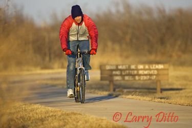 Biking on hike and bike trail, Lake Wichita Falls, Texas, winter.