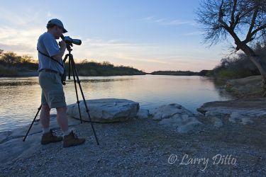 Jesse Peterson a Wisconsin Birder just after he had spotted both black hawk and muscovy duck coming downstream from the Falcon Dam area on the Rio Grande at Salineno, Texas.