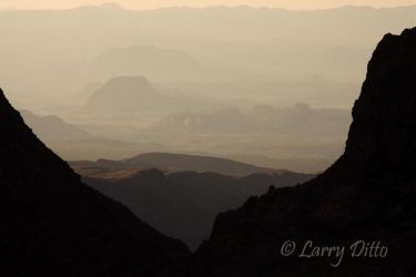 View of west Texas desert in Big Bend National Park at sunset through the "Window" from the Chisos Mountain basin, November.