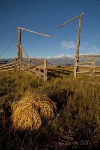 Corral gate and Sangre de Christo Mountains, Co.