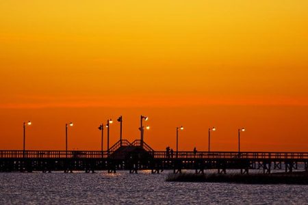 Goose Island State Park fishing pier before sunrise, winter, coastal Texas