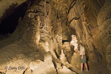 Large stalagmite formations in Kickapoo Caverns can be seen during twice monthly tours guided by Texas Parks and Wildlife Department employees. Seth Frerich helps light this scene for a photograph.