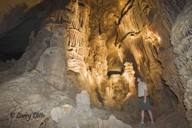 Large stalagmite formations in Kickapoo Caverns can be seen during twice monthly tours guided by Texas Parks and Wildlife Department employees. Seth Frerich helps light this scene for a photograph.