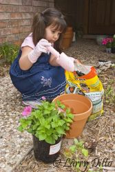 Granddaughter getting the potting soil ready for Grandma.
