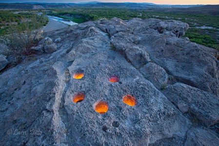 Aboriginal metates in limestone by the Rio Grande at Big Bend National Park
