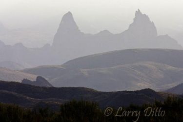 The "Mule Ears" volcanic formation just south of the Chisos Mountains in Big Bend National Park, Texas