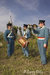 Battle of Palo Alto re-enactment near Brownsville, Texas at Palo Alto Battlefield National Historic Site. Infantryman, Matt Reed; drummer, William Travis Franklin; bugler, Cody Joliff at attention among the yucca and prickly pear that dotted the landscape during the real battle.