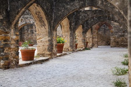 San Jose Mission arches in San Antonio, Texas historic site.