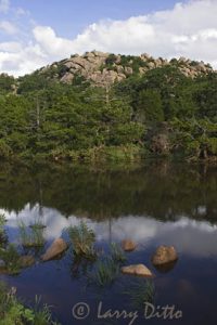 Wichita Mountains National Wildlife Refuge, Lawton, Oklahoma. Stream running brim full after spring rains and boulders on nearby hill.