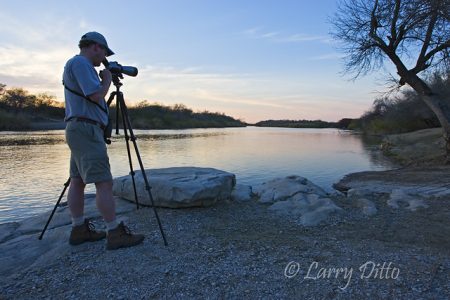 Jesse Peterson a Wisconsin Birder just after he had spotted both black hawk and muscovy duck coming downstream from the Falcon Dam area on the Rio Grande at Salineno, Texas.