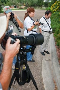 Butterfly Festival Tour Group searching for butterflies at the Old Hidalgo Pumphouse. Left to right are: Carl Miliken (with telephoto lens and camera), Javier DeLeon (leader/guide), and Dawn Gordon and Ricky Gordon.
