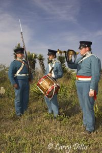 Battle of Palo Alto re-enactment near Brownsville, Texas at Palo Alto Battlefield National Historic Site. Infantryman, Matt Reed; drummer, William Travis Franklin; bugler, Cody Joliff at attention among the yucca and prickly pear that dotted the landscape during the real battle.