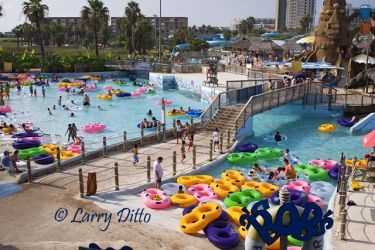 View of Schlitterbaun Beach Waterpark from above. Located on South Padre Island, Texas. This area of the park is where Rio Aventura begins and ends. The rio winds through out the park and carrys tubers to and from rides and rides and beaches.