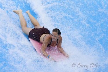 Boogie Bahn! Donetta Davenport of Burleson, Texas riding the wave; a jet of water that looks and feels like the front of a big wave.