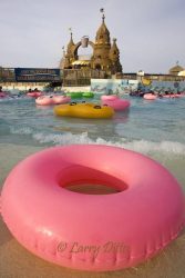 The giant Sand Castle as seen from Rio Beach in the middle of the park. The castle has hundreds of hands-on water play elements, slippery slides and a giant dumping pale.