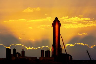 Space X Rocket being prepared for launch at Boca Chica Beach near Brownsville, Texas.